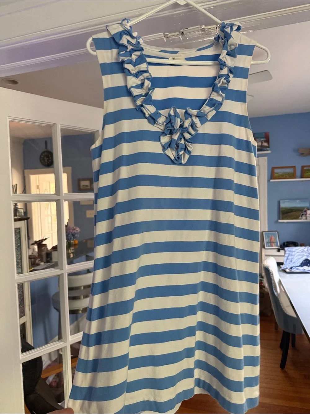 kate spade Blue and White Striped V-neck Ruffle mini dress